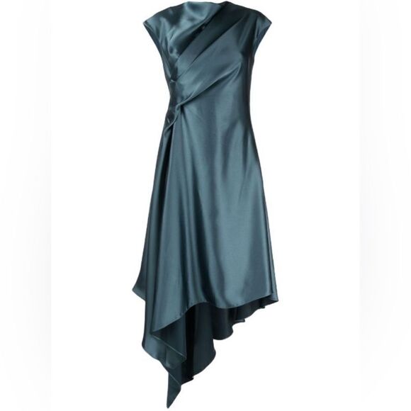 Amsale NWT Draped Satin Asymmetric Cocktail Dress in Petrol Size 12 MSRP $595 - Picture 4 of 11